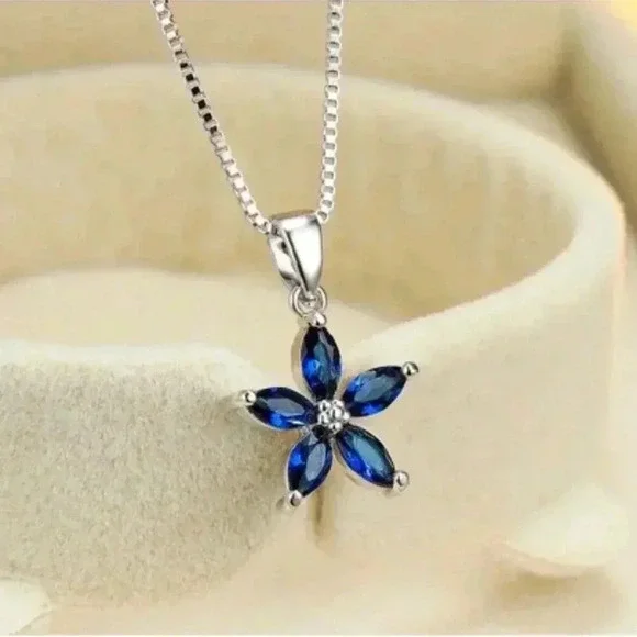 Sterling Silver 925 Blue Sapphire Flower Pendant Necklace - Picture 1 of 5